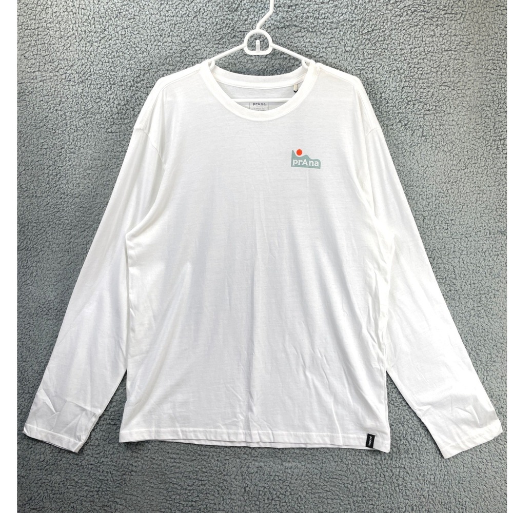 Prana Tides LS Tee Men's XXL White Long Sleeve Graphic Logo Organic Hiking NWT